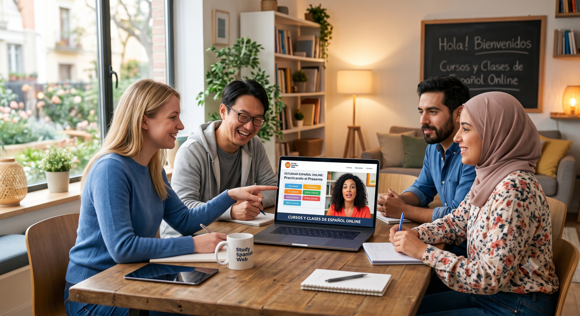 Estudiante participando en cursos y clases de español online en Study Spanish Web desde su portátil.