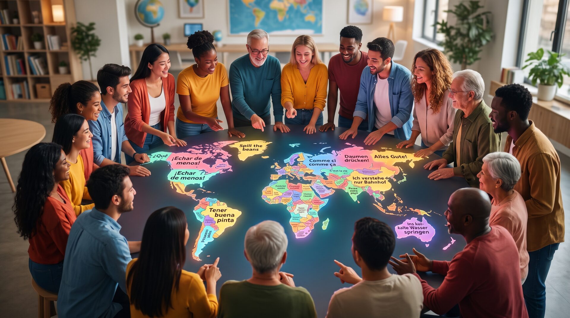 Estudiantes de diferentes culturas compartiendo el beneficio de aprender español mediante expresiones idiomáticas.