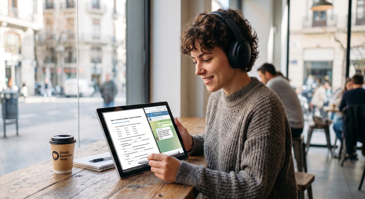 Estudiante utilizando los talleres descargables para aprender de forma autónoma español en Study Spanish Web.