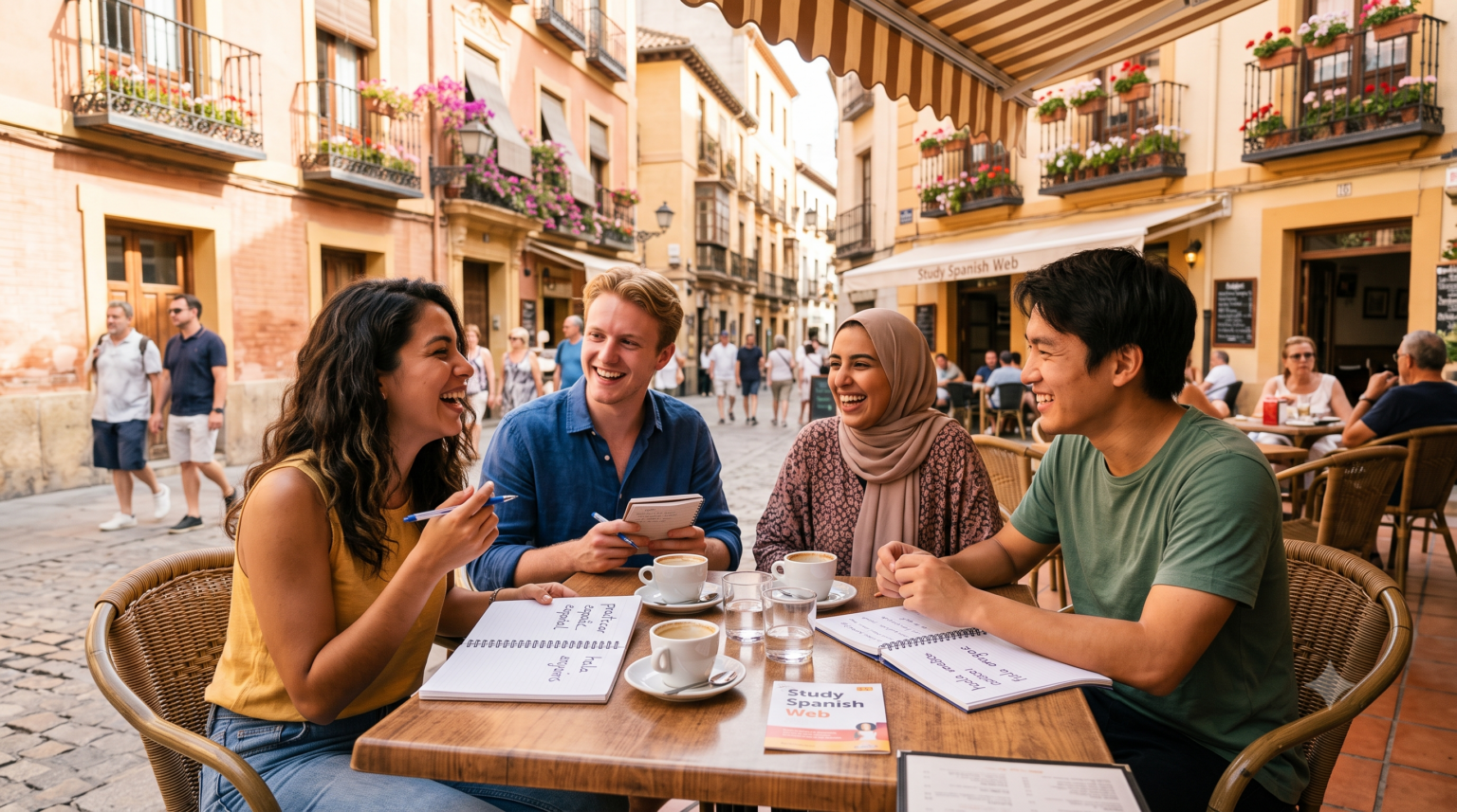 Estudiantes internacionales en una terraza en España practicando expresiones españolas coloquiales en el día a día.