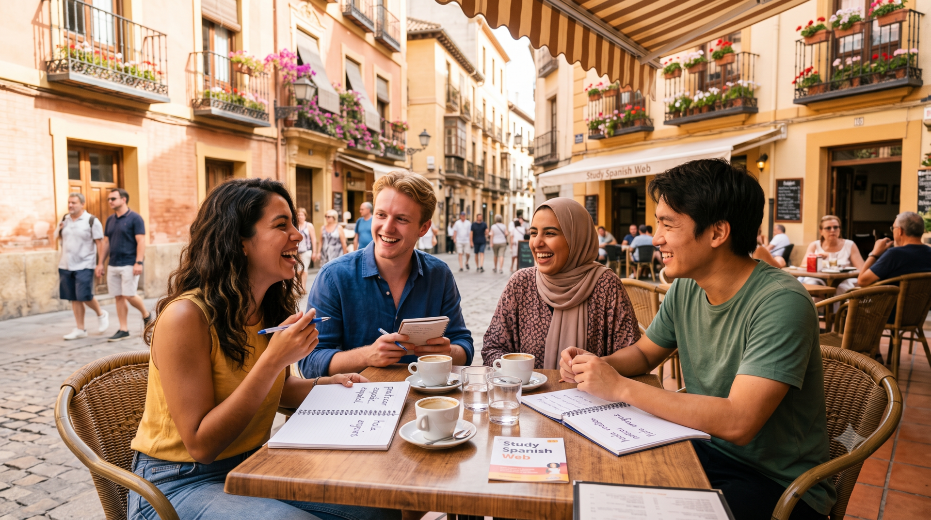 Estudiantes internacionales en una terraza en España practicando expresiones españolas coloquiales en el día a día.