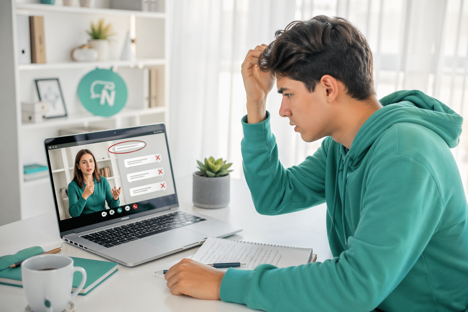 Estudiante confundido frente a pantalla traduciendo literalmente
