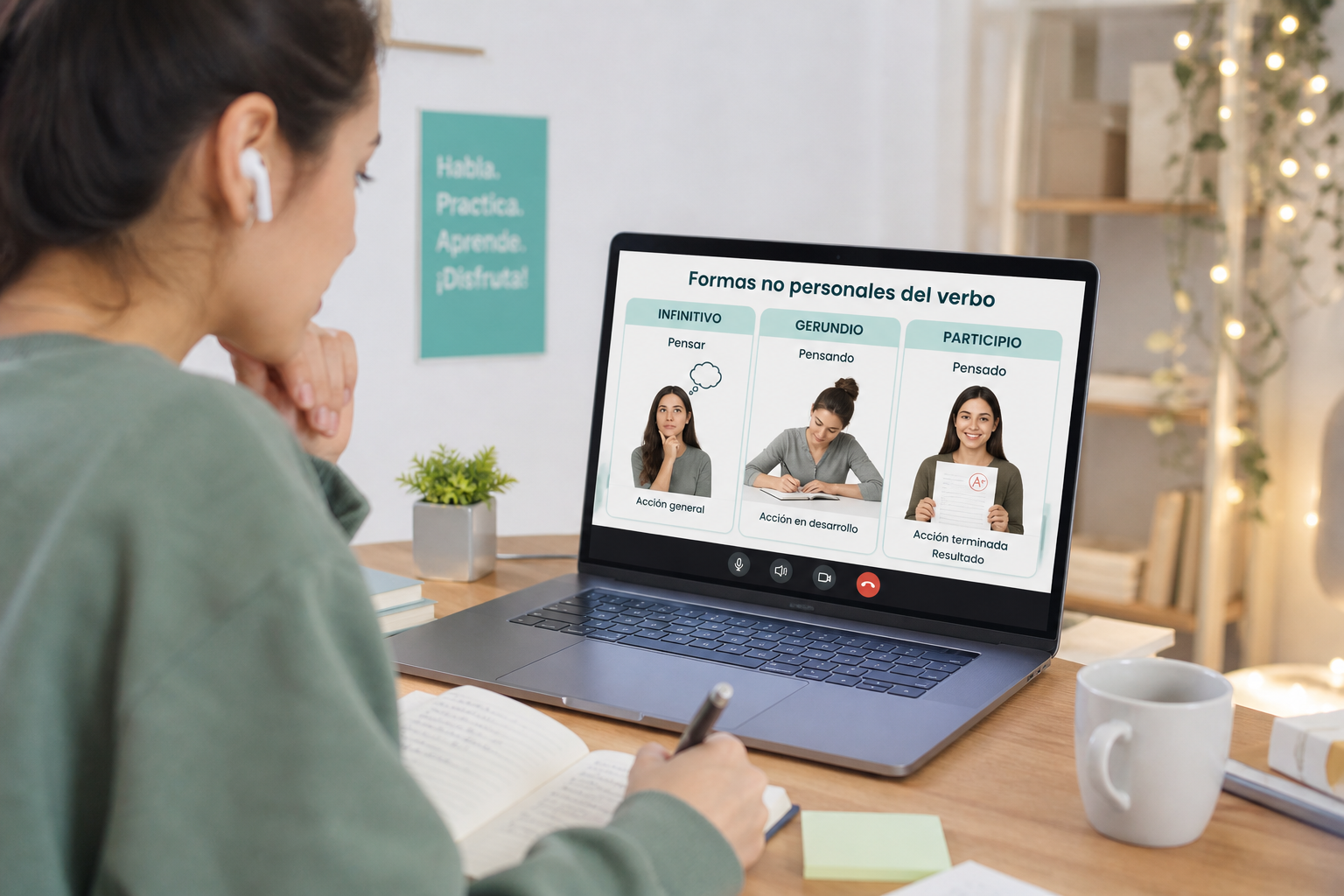 Formas no personales del verbo en español representadas visualmente en una clase online