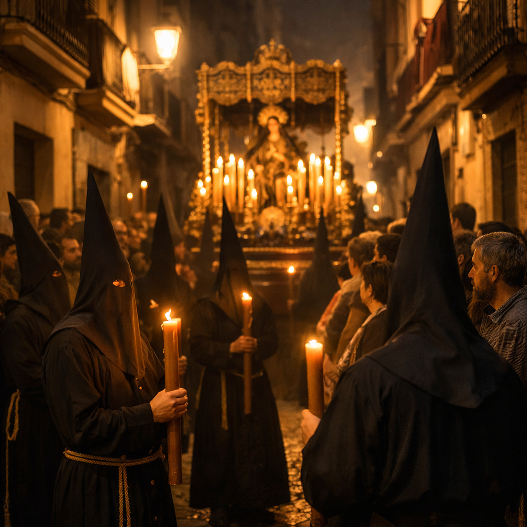 Procesión de Semana Santa en España con nazarenos y velas