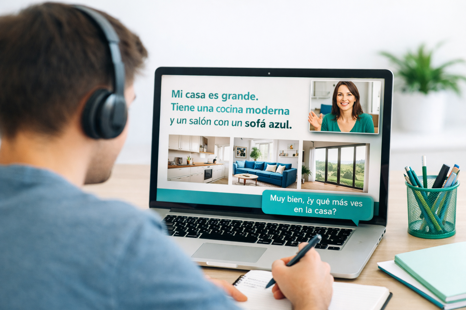 Estudiante aprendiendo artículos nombres y adjetivos en español en español en una clase online comunicativa