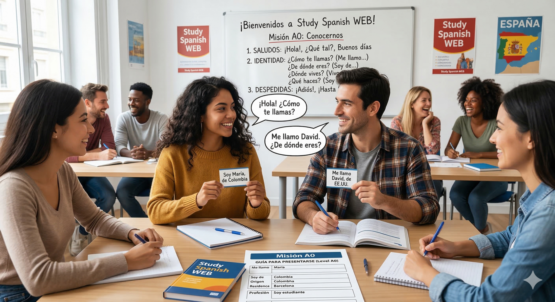 Estudiantes en una clase de idiomas practicando cómo presentarse en español con frases básicas y saludos